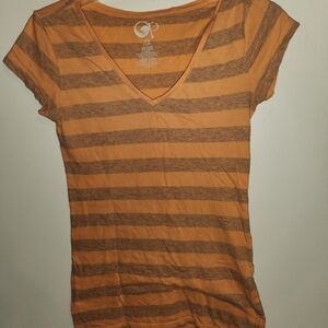 OP Orange and Brown Striped V-Neck Tee